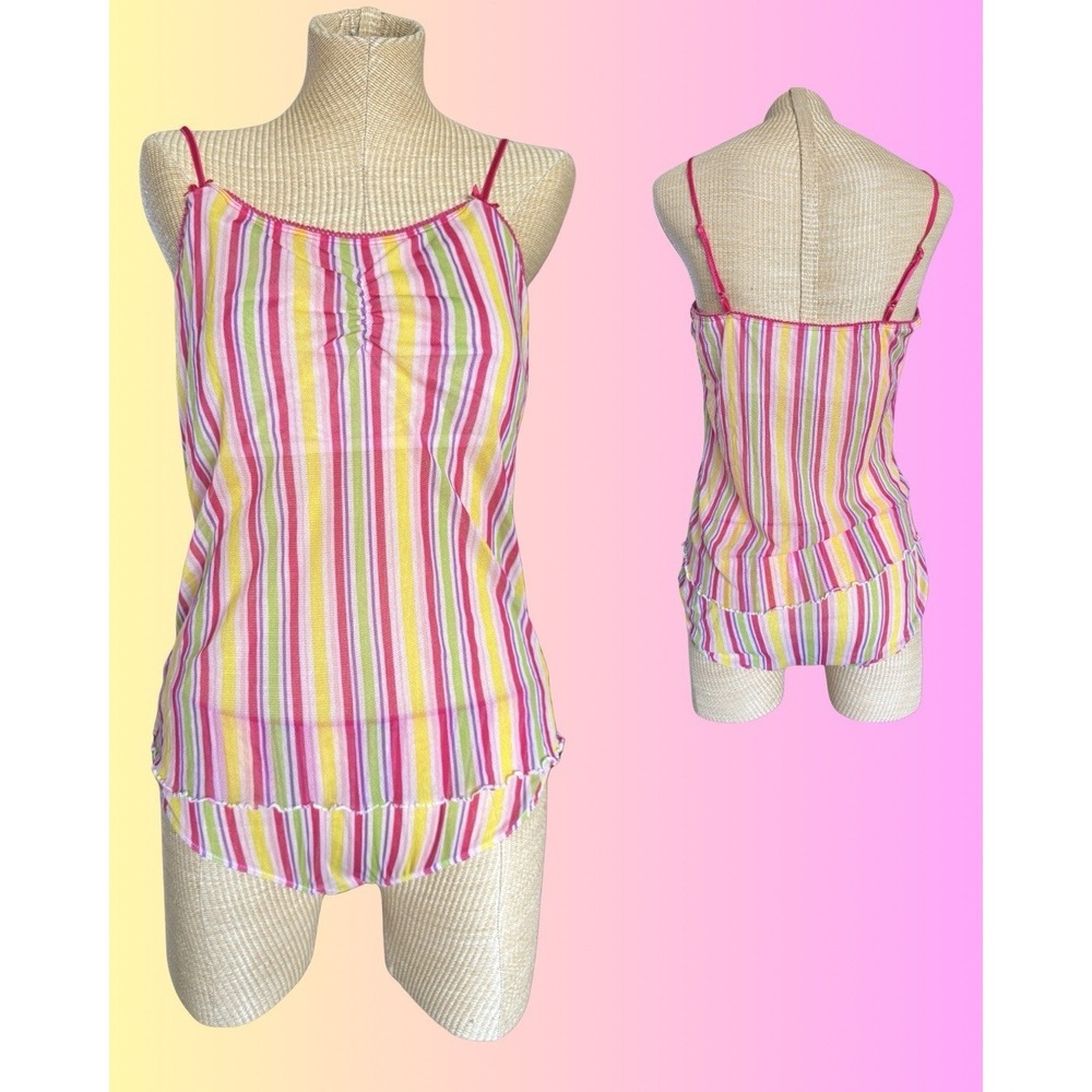 VTG Y2K Xhileration Cami Tank & Boy Short Panty Set- Pink Striped Sheer Fits XL‎